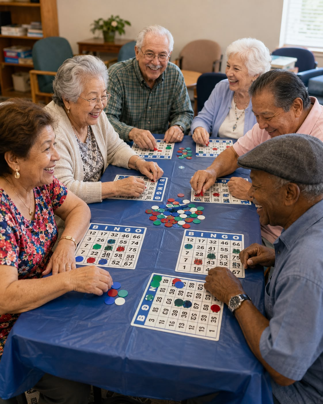 Grupo de adultos mayores jugando bingo